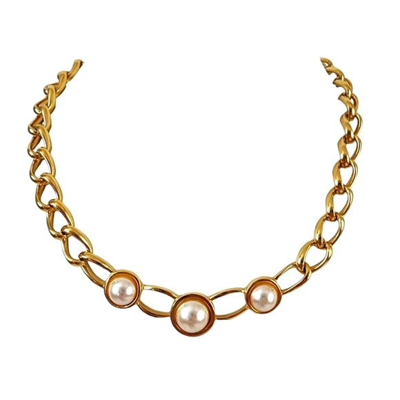 Vintage Napier Chunky Chain Necklace Open Link Cream Faux Pearl Cabochons - Picture 11 of 11